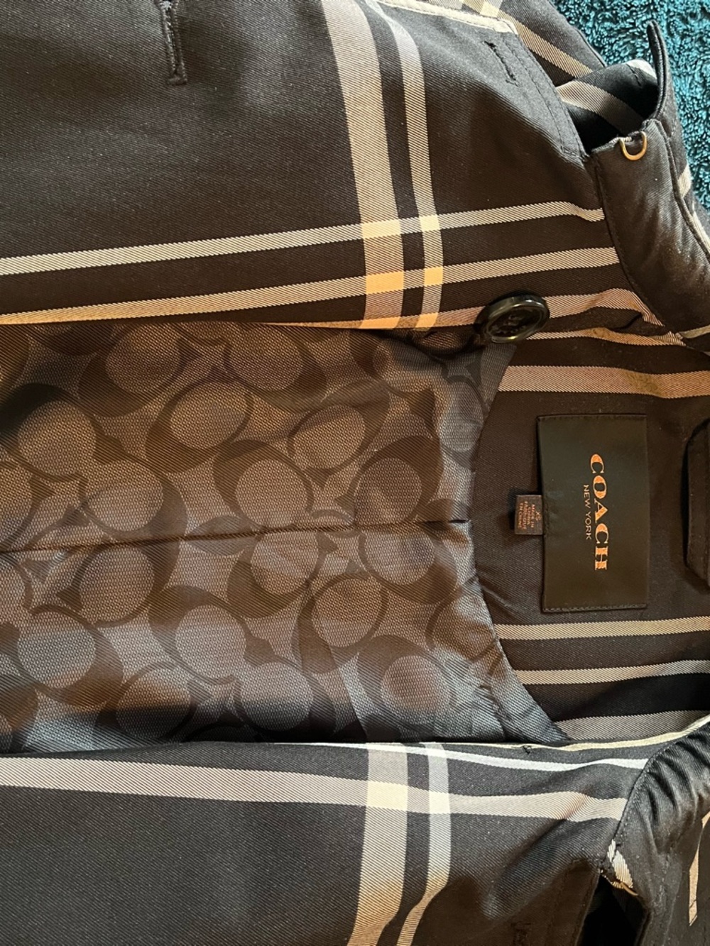 Coach Black Trench Coat with Beige Plaid Accents. Classic polished look for Fall - Picture 4 of 5
